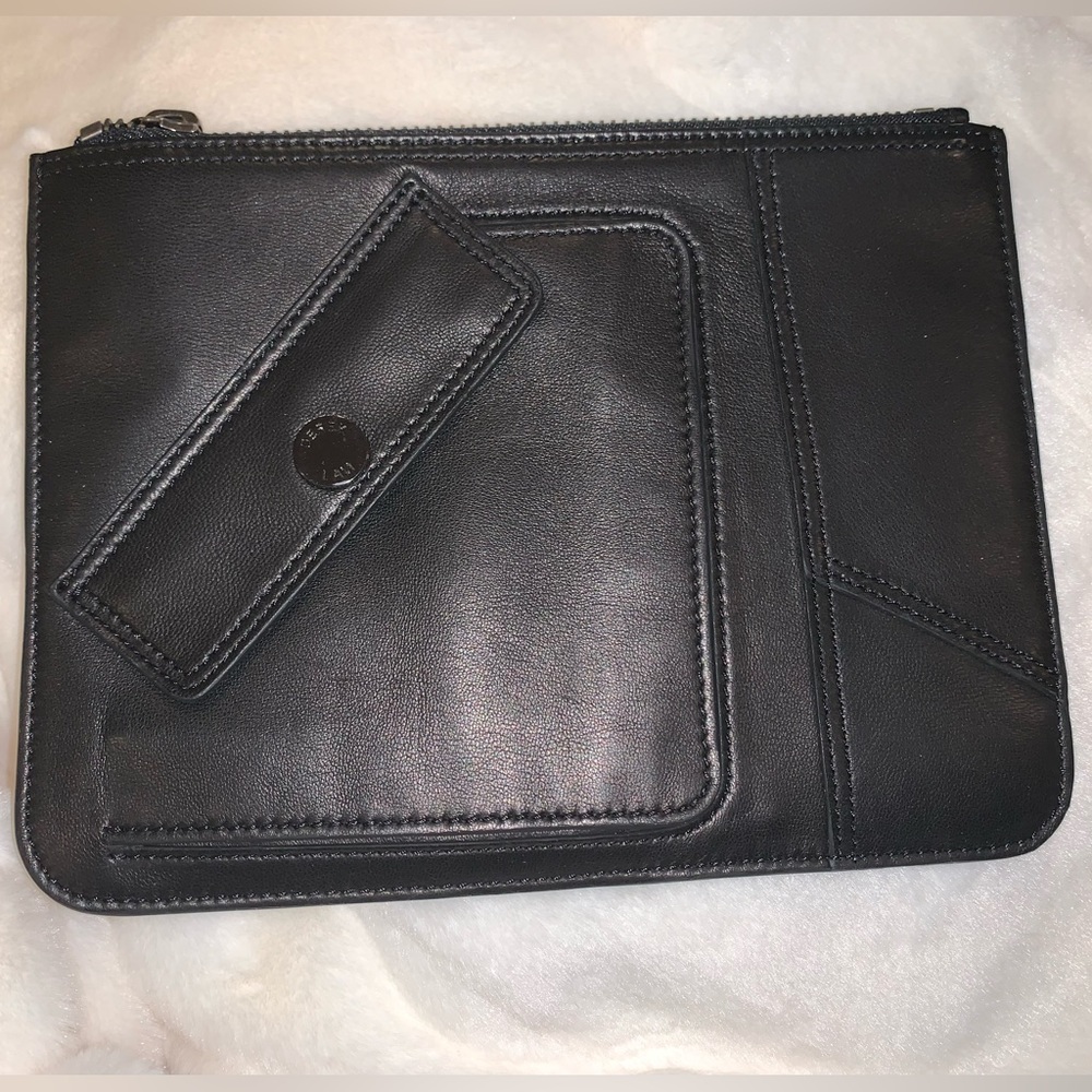 NEW DEREK LAM BLACK LEATHER ZIP COSMETIC POUCH CLUTCH